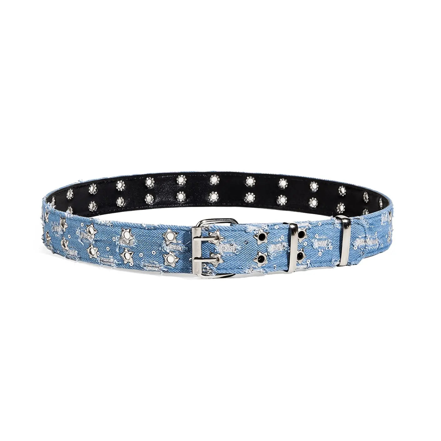 Back view of Y2K denim studded belt for women with silver-tone studs