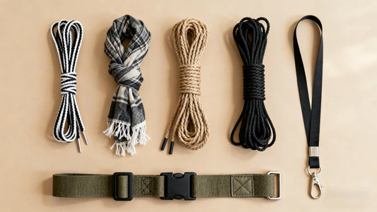 flat lay of belt alternatives including shoelace scarf rope paracord and strap on beige background