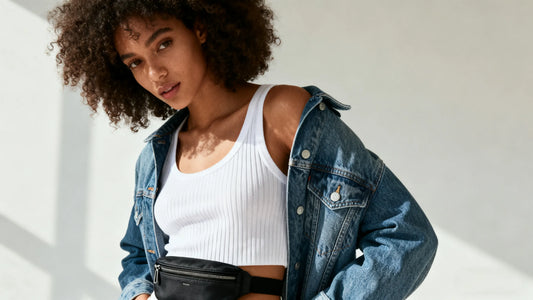 Casual belt bag outfit with denim jacket and white tank top for everyday style