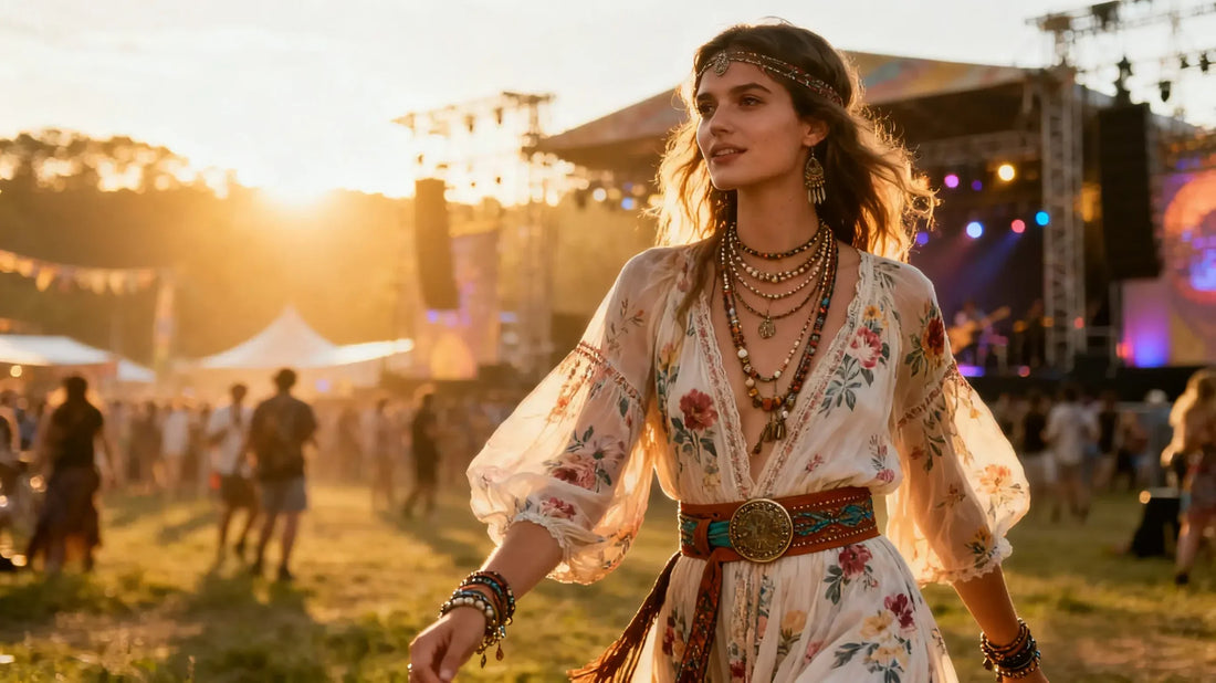 oman wearing boho belt with floral dress at outdoor music festival, showcasing free-spirited fashion style