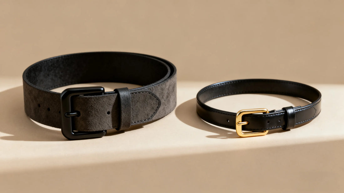 chunky belt and slim belt comparison on beige background showing width difference