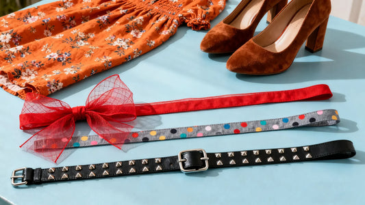 Cute belts with bow, polka dot, and studded design styled with floral dress and heels