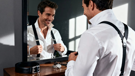 man adjusting suspenders in front of mirror with leather belt on table