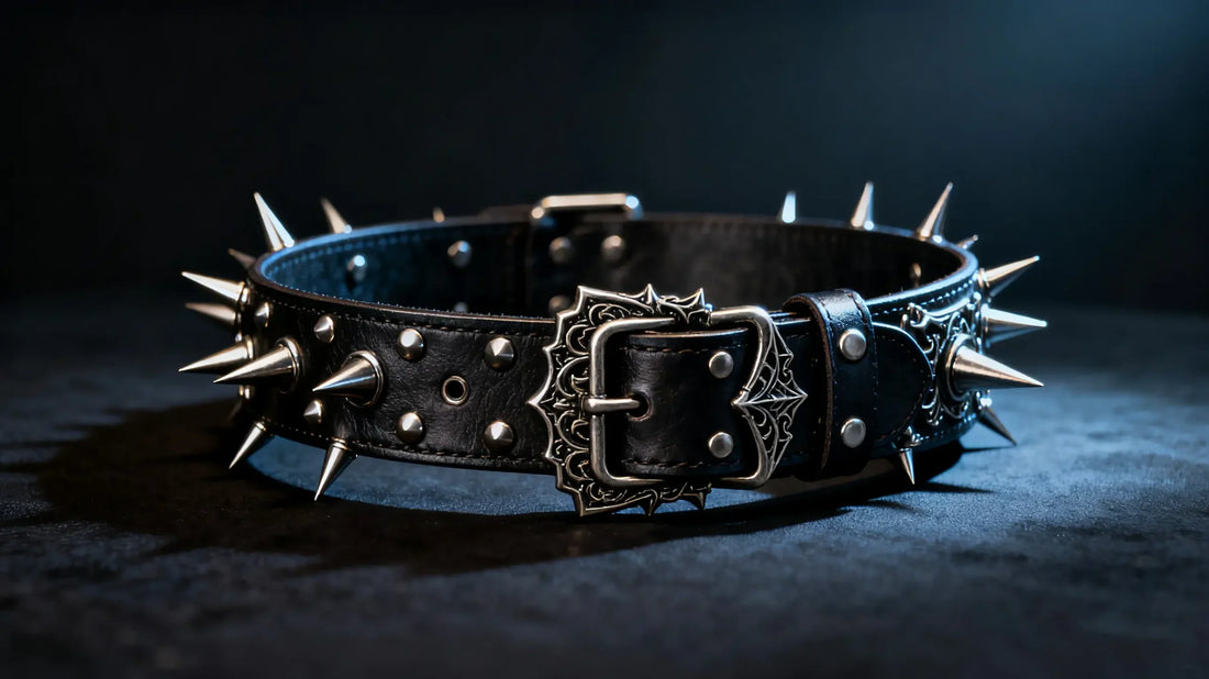 Gothic spiked belt made of black leather with silver studs and a decorative buckle, placed on a dark surface with dramatic lighting.