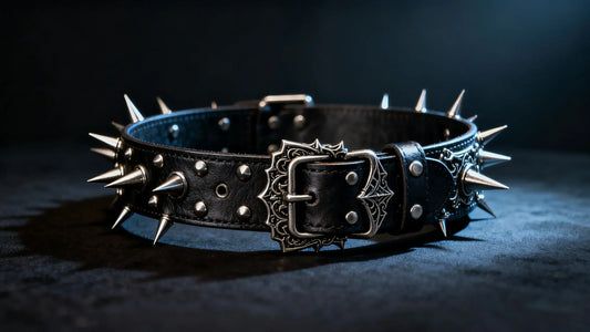 Gothic spiked belt made of black leather with silver studs and a decorative buckle, placed on a dark surface with dramatic lighting.