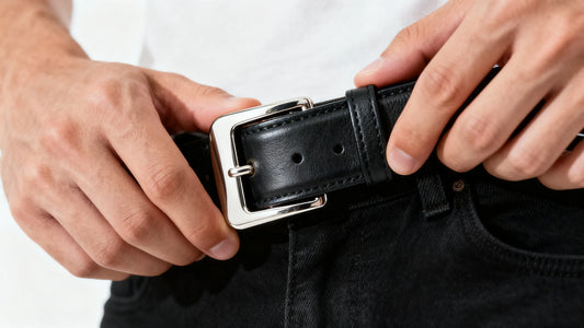 How to put on a belt buckle step shown with black leather belt and silver buckle