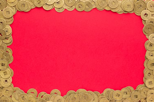 lucky color for 2025 feng shui with red background and gold coins