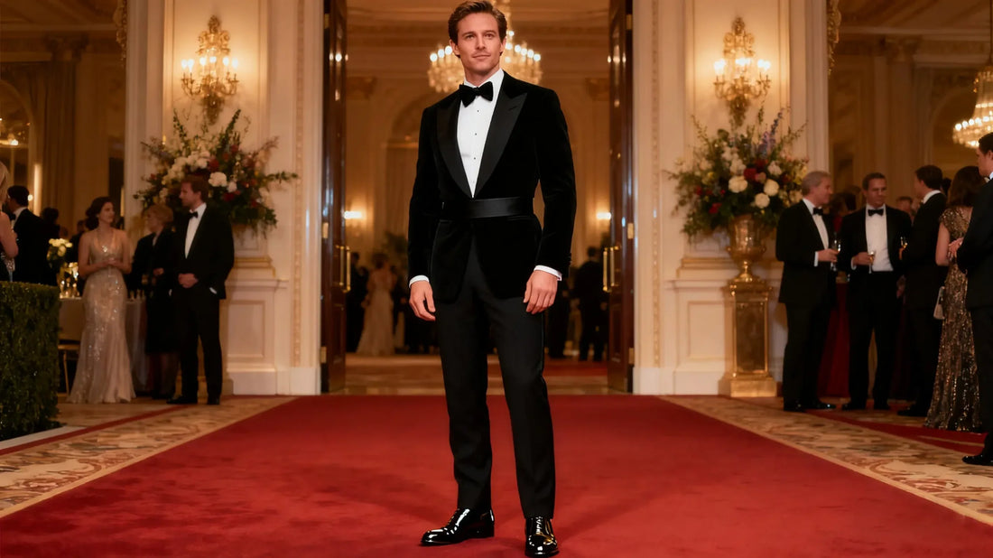Elegant man in a tuxedo with cummerbund, no belt, standing on red carpet at a black-tie gala