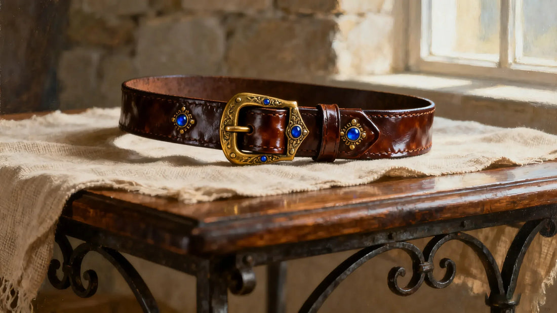 A medieval leather belt with a decorative brass buckle featuring blue gemstones, placed on a rustic wooden table. The intricate craftsmanship highlights the timeless elegance of medieval fashion.