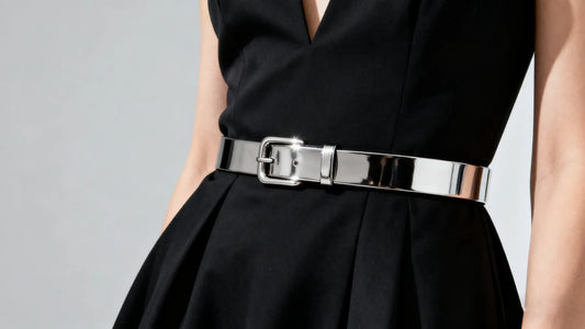 Metal belt adding glamour to an elegant black dress outfit