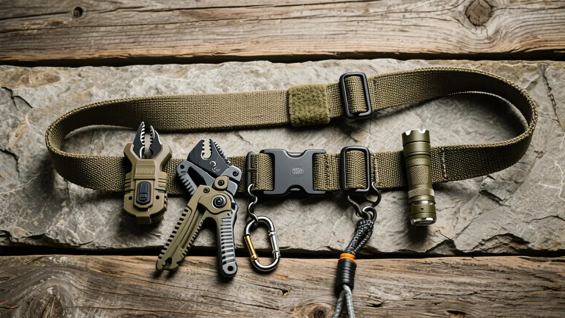 Military belt with tactical tools, carabiner, and flashlight showing everyday utility hacks