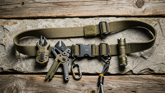 Military belt with tactical tools, carabiner, and flashlight showing everyday utility hacks
