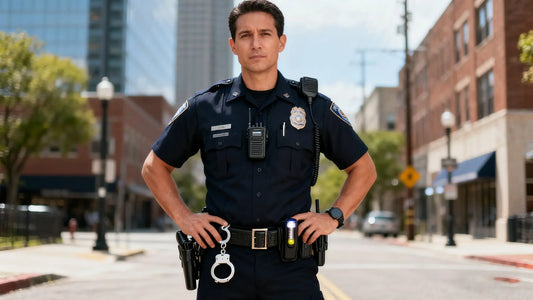 Police officer in uniform wearing police belts with handcuffs, flashlight, and radio