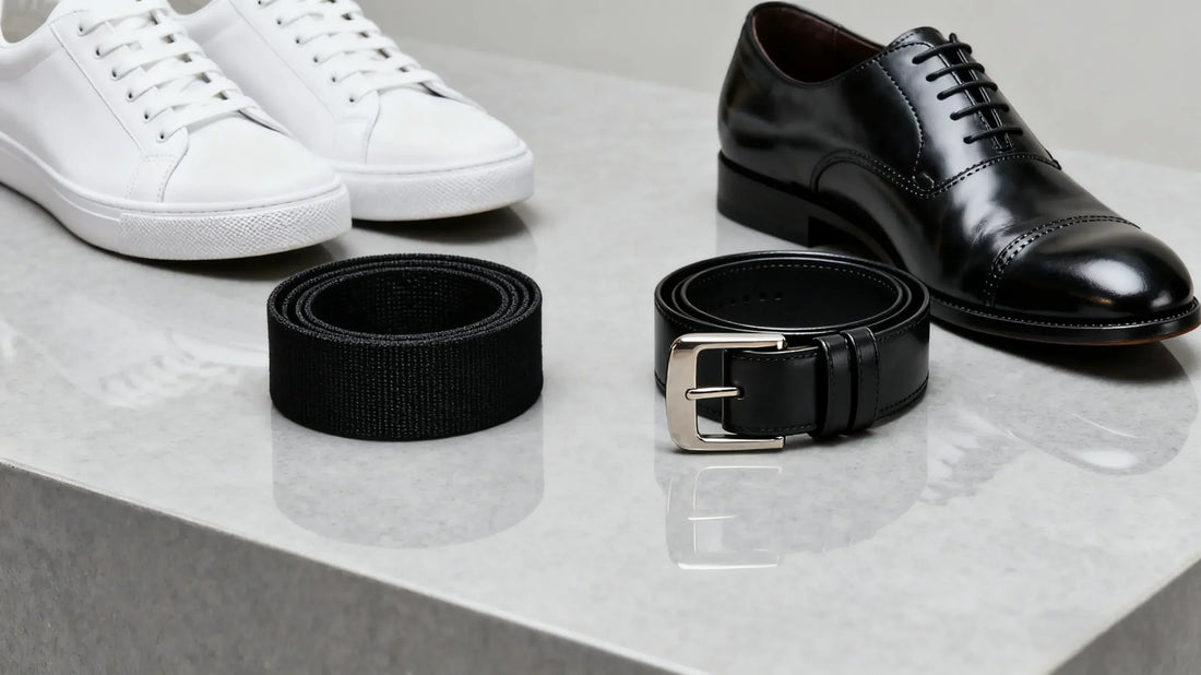 Stretch belts with sneakers vs. traditional leather belts with dress shoes comparison