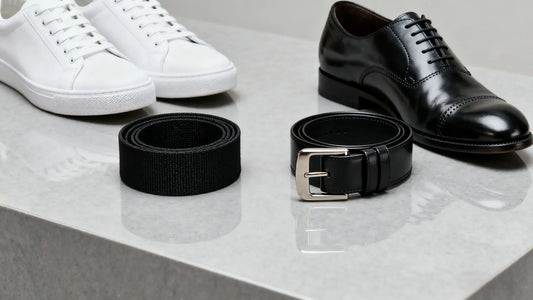 Stretch belts with sneakers vs. traditional leather belts with dress shoes comparison