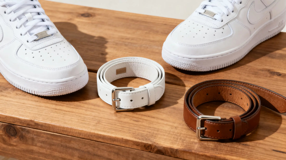 white sneakers styled with white belt and brown belt on wooden table.