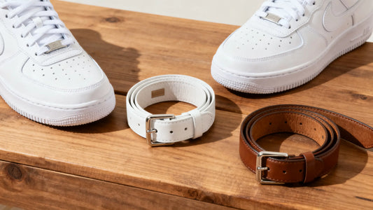 white sneakers styled with white belt and brown belt on wooden table.