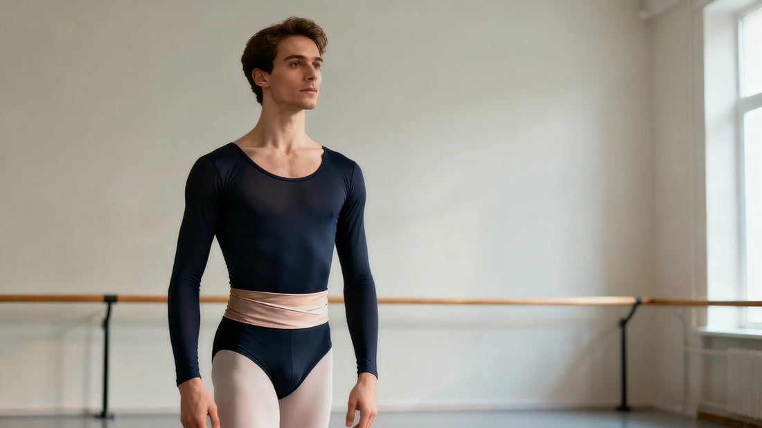 male ballet dancer wearing a dance belt under tights in studio