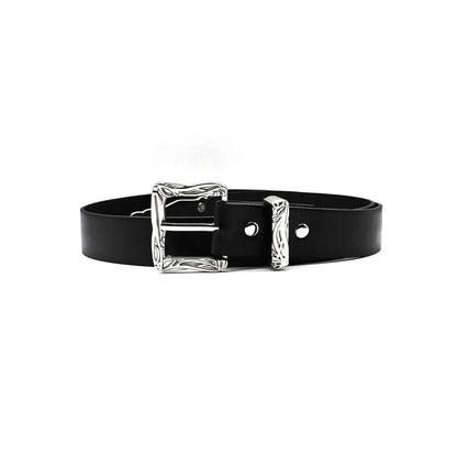 Front view of black casual belt for women featuring an engraved silver buckle – perfect women’s belt for jeans.