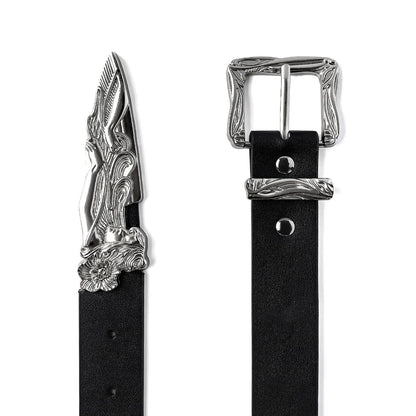 Close-up of black casual belt for women with engraved silver buckle and detailed western tip design.