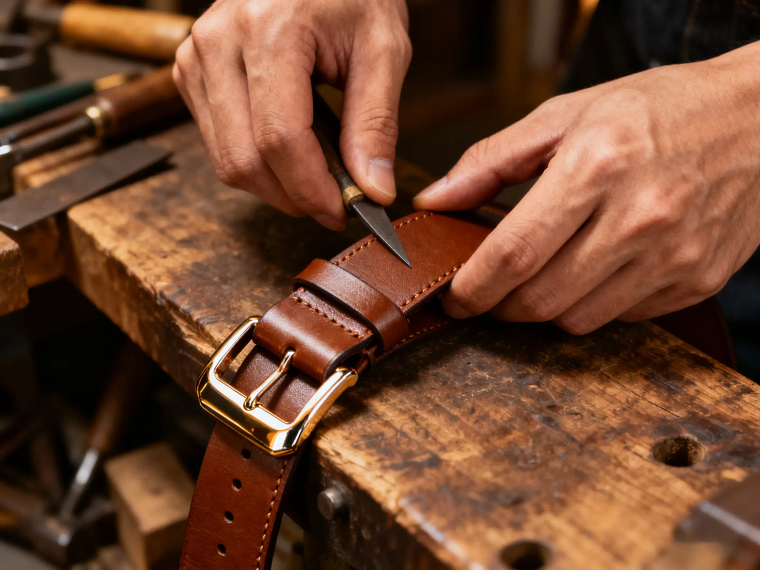 Handmade leather belt craftsmanship at Ancienttao.