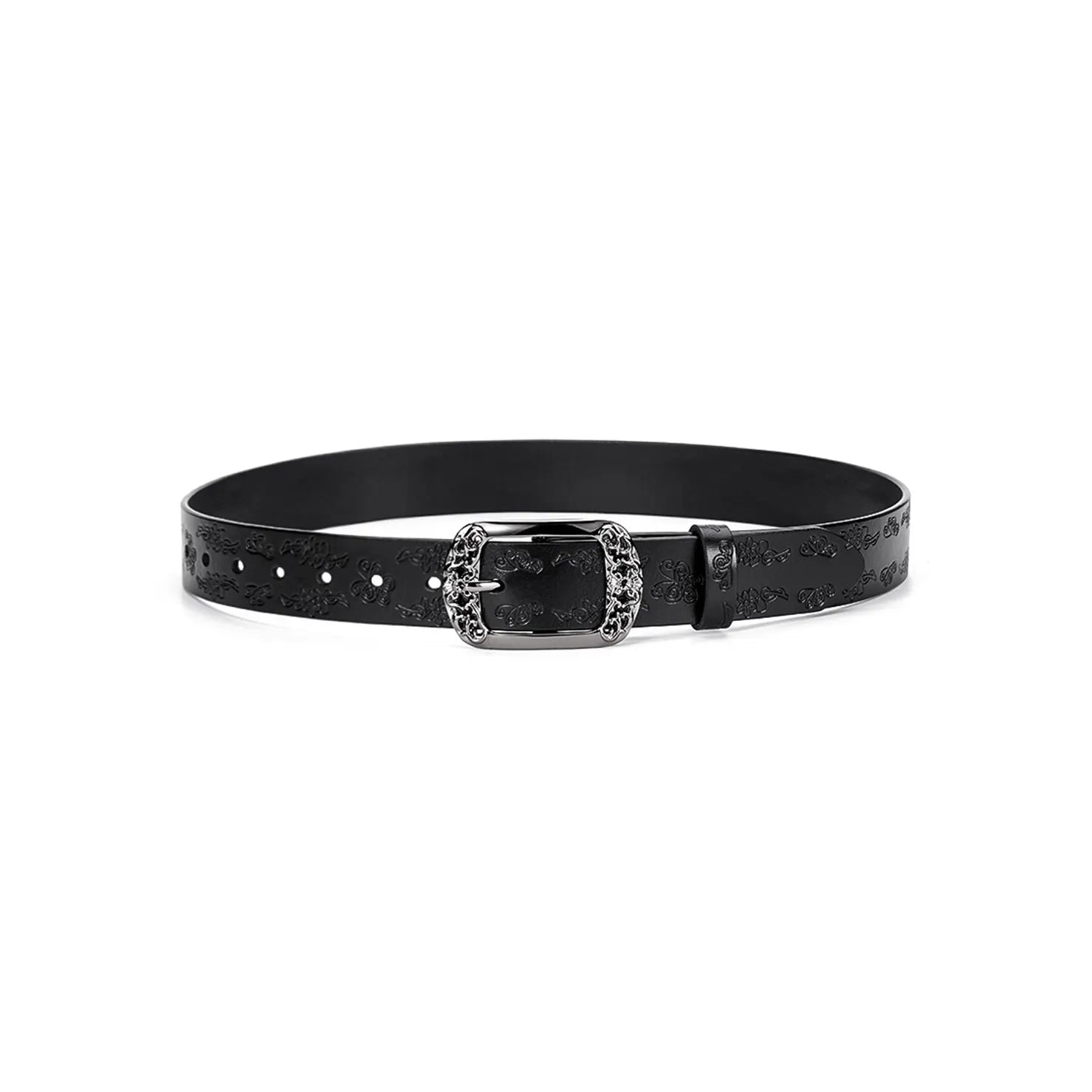 Full view of embossed black ladies belt with butterfly engraving and vintage buckle