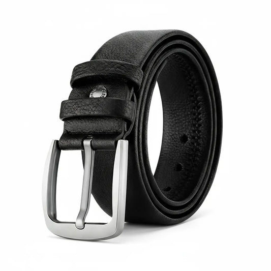 Classic black cowhide belt for men with silver buckle – premium dress belt