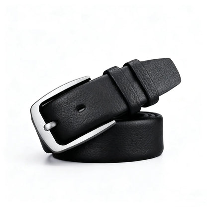 Classic cowhide belt for men in black with sleek silver buckle – Dress Belts collection