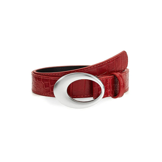 Crocodile pattern red belt for women with silver oval buckle – chic casual fashion accessory