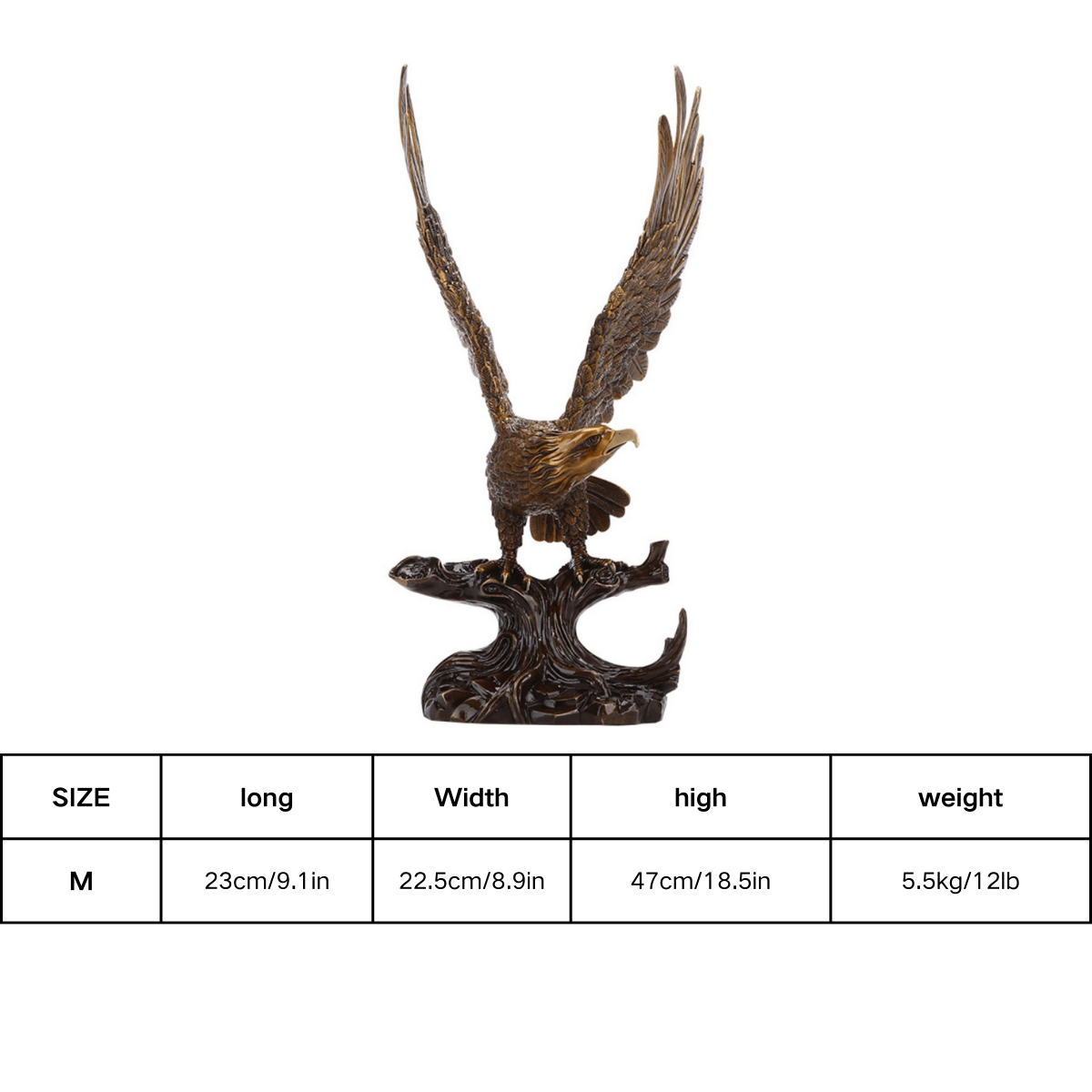 Eagle Brass Figurine size chart – product dimensions and weight
