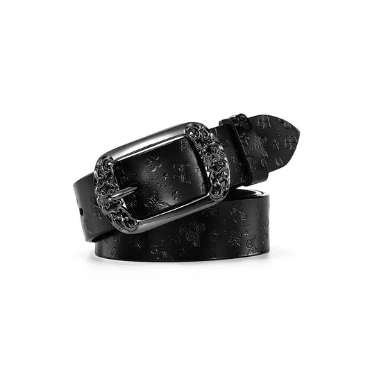 Embossed black belt for women with butterfly pattern and vintage silver buckle