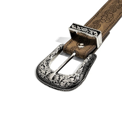 Close-up of engraved western belt buckle on Vintage Floral Western Belt for Women