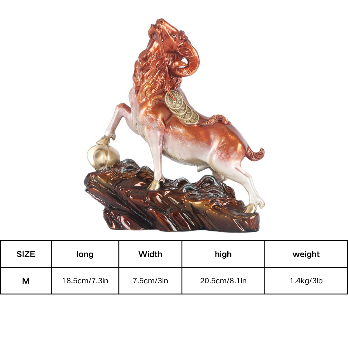 Size chart of goat brass figurine – measurements and weight