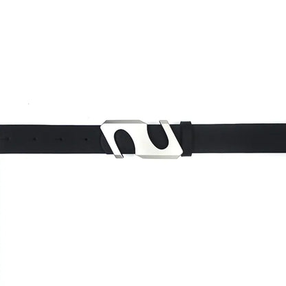Close-up of minimalist silver buckle belt for women – modern black design