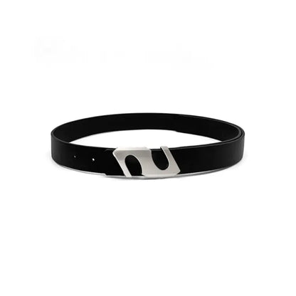 Minimalist silver buckle belt for women – black casual belt front view
