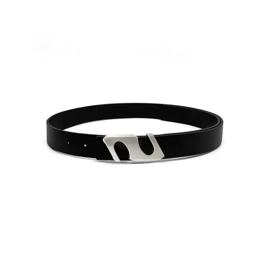 Minimalist silver buckle belt for women – black casual belt front view