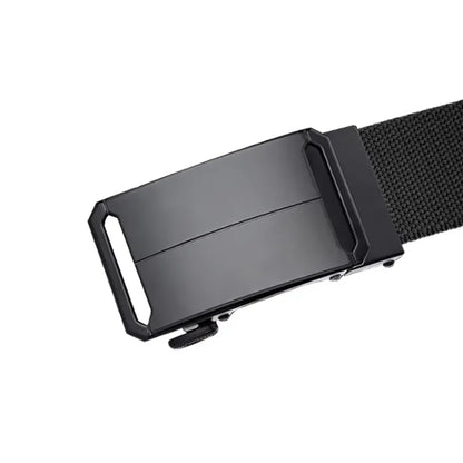 Close-up view of the adjustable ratchet buckle on tactical black belt for men