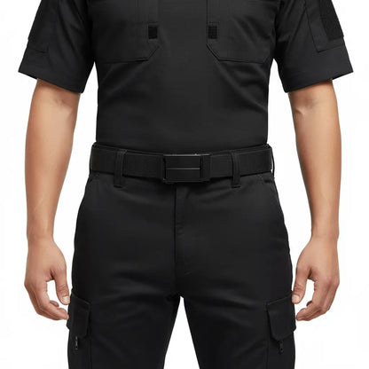 Model wearing tactical black ratchet belt for men in military style outfit