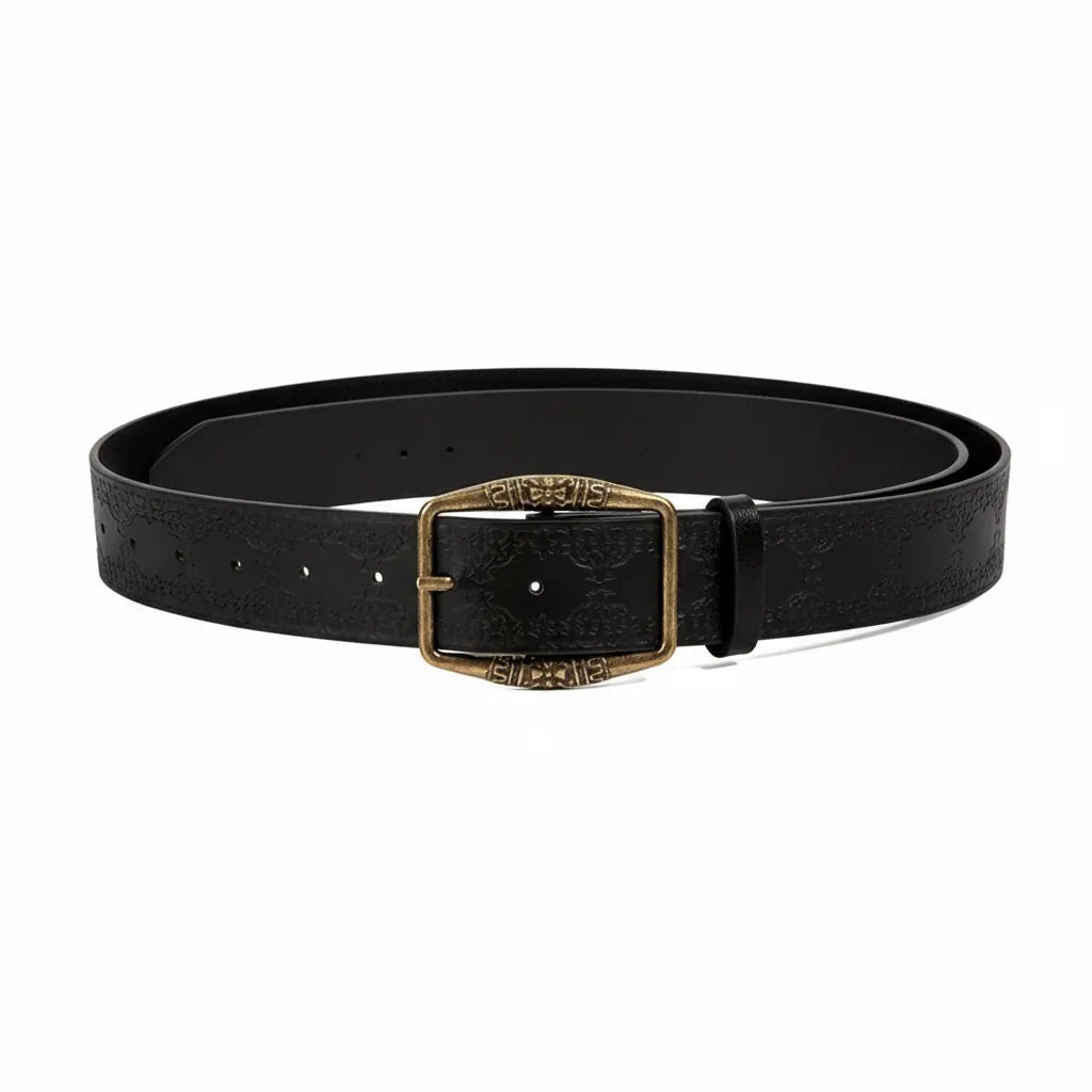 Vintage embossed leather belt for women in black with antique brass buckle – Leather Belts
