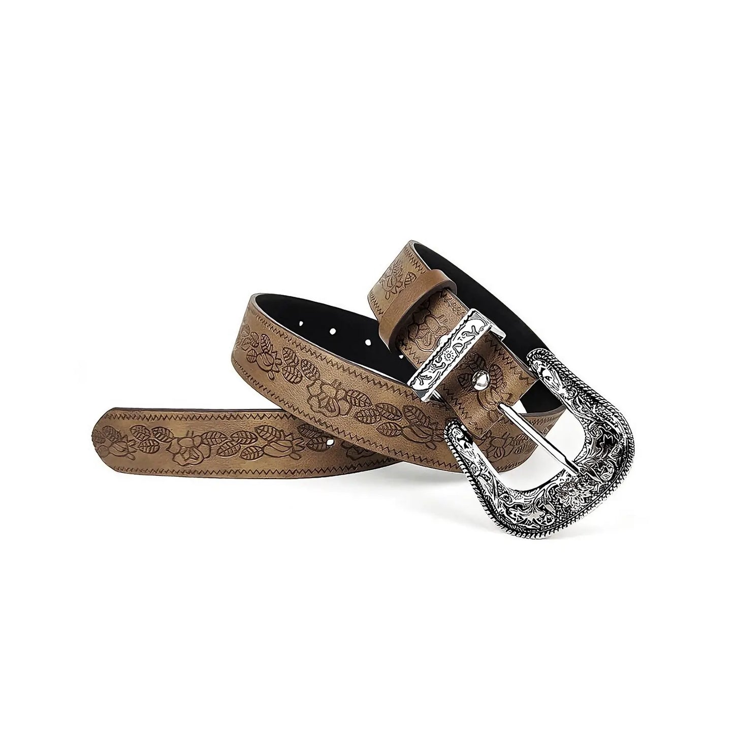 Brown Vintage Floral Western Belt for Women with floral embossing and silver engraved buckle