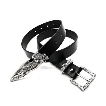 Black casual belt for women with engraved silver buckle and decorative western tip, ideal for jeans or casual outfits.