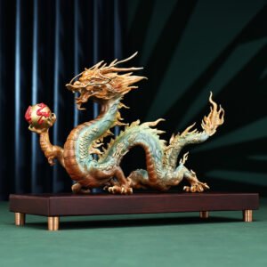 Prosperity Dragon bronze sculpture front view, symbolizing wealth and protection