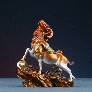 Prosperity Goat figurine with golden horns, side view, symbolizing wealth and success