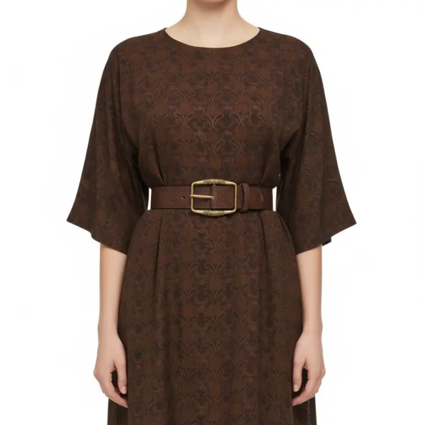 Model wearing Aurora leather belt with dress, elegant option for belt women
