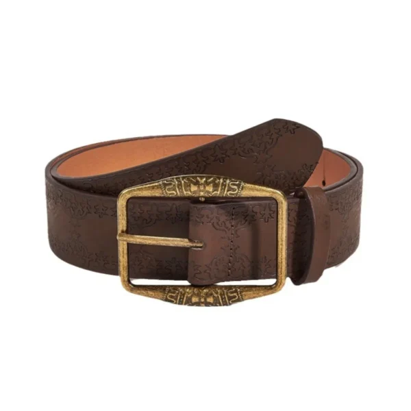 Aurora leather belt hero shot in brown leather with brass buckle, designed for belt women