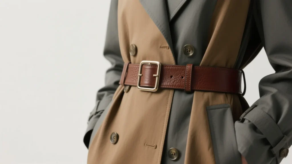 Leather belt cinching a camel and grey trench coat, buckle slightly off-center—belt bag alternatives styling