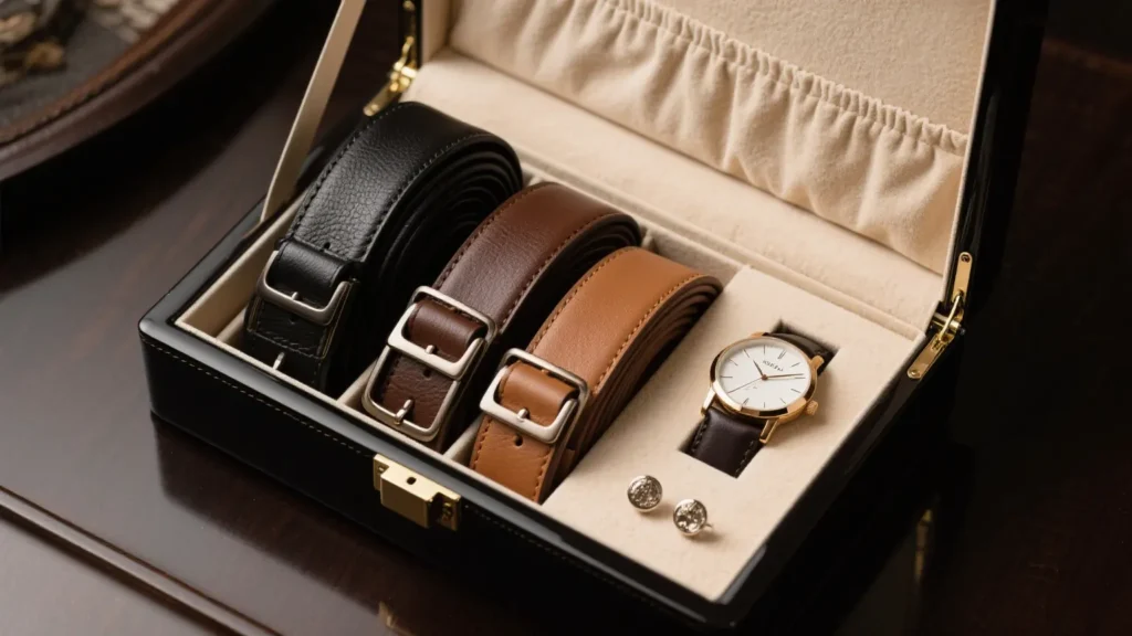 Belt box with black, brown, and tan leather belts neatly stored alongside watch and cufflinks