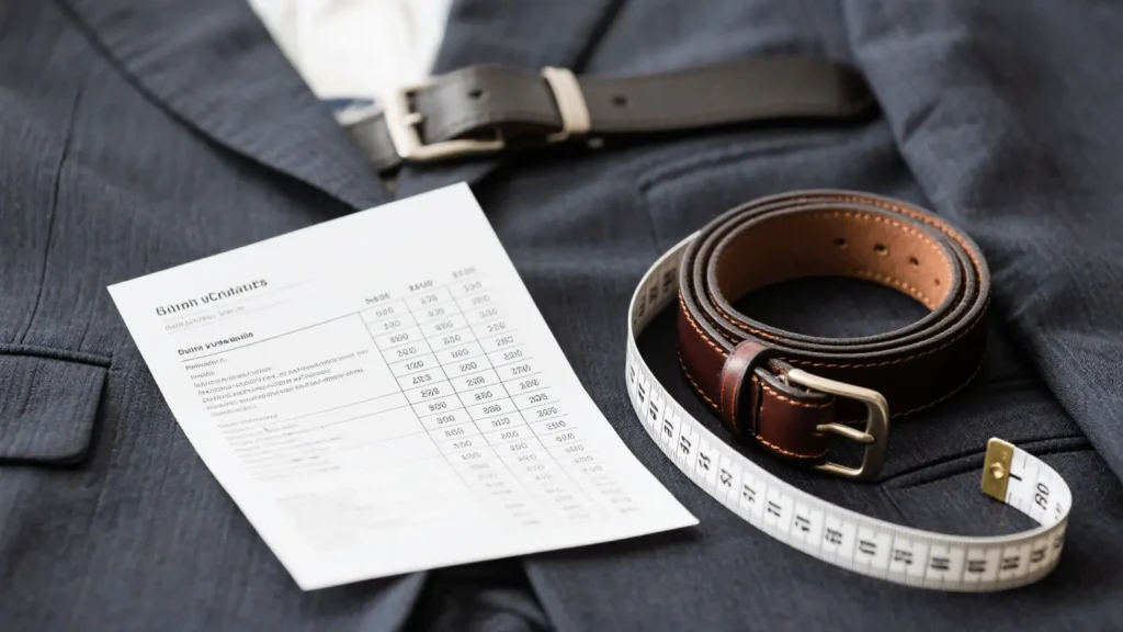 Belt size chart with measuring tape, leather belt, and trousers for accurate sizing
