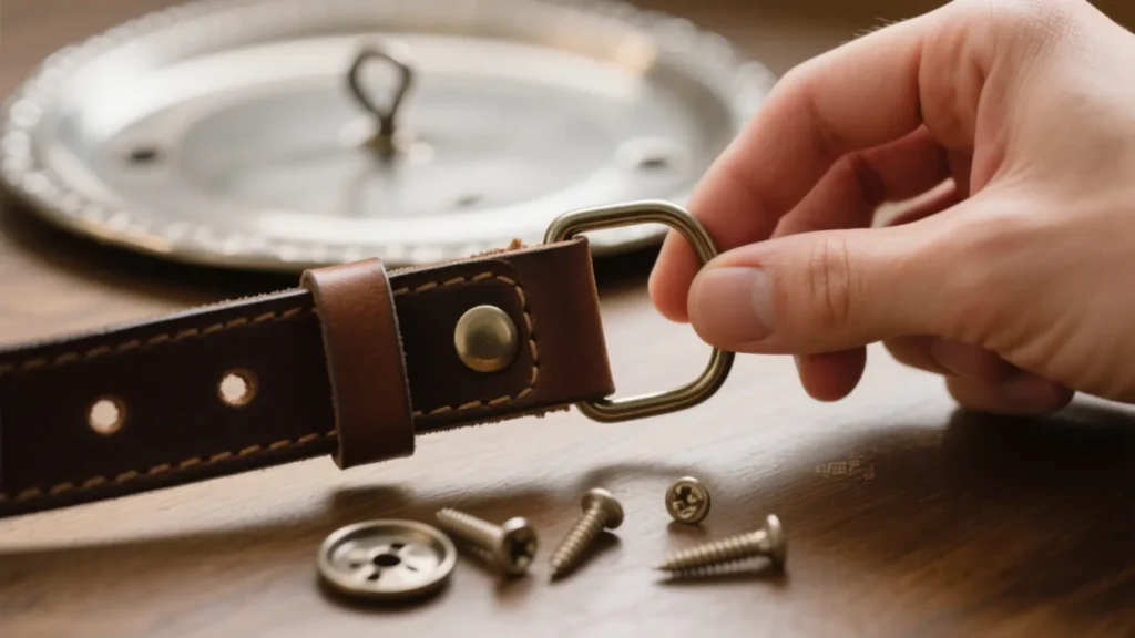 Attaching a Western plate buckle by hooking the strap hole onto the back pin—how do i put a belt buckle on a belt