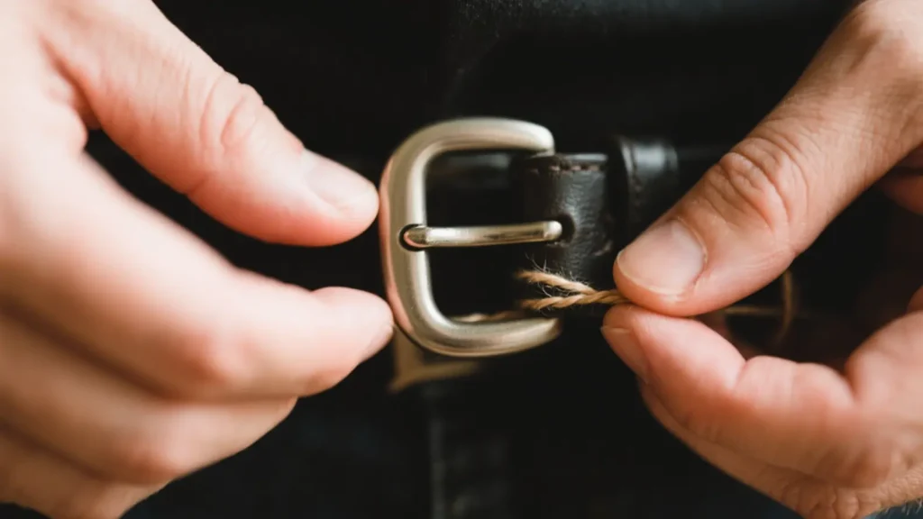 Hands threading a leather strap through a prong buckle—how to put on a belt buckle